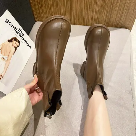 2023年冬季新款弹力短靴女百搭圆头时尚瘦瘦靴粗跟显瘦短筒马丁靴商品大图