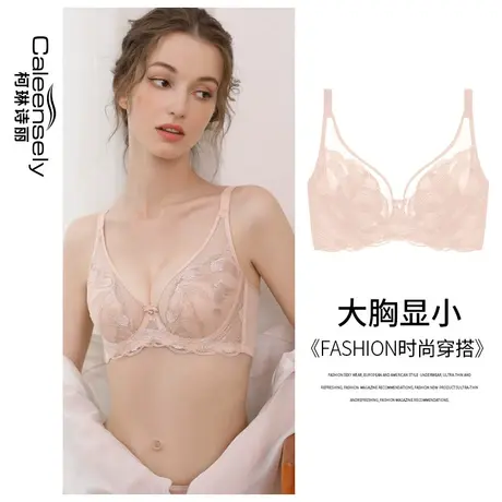 女蕾丝超薄水晶杯大胸显小法式全包软钢圈文胸薄款聚拢收副乳内衣图片