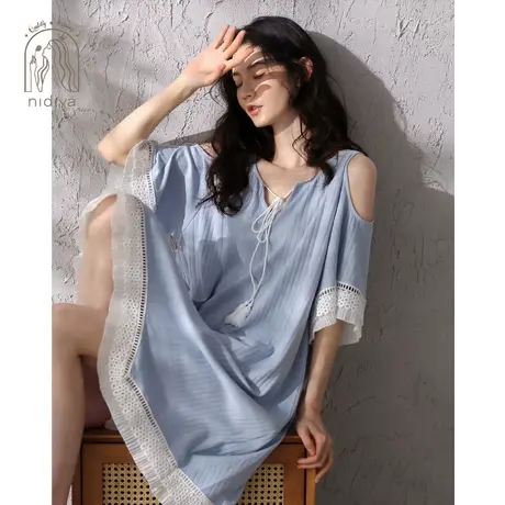 妮狄娅睡衣睡裙女夏季纯棉短袖条纹蕾丝边露肩性感私房气质家居服商品大图