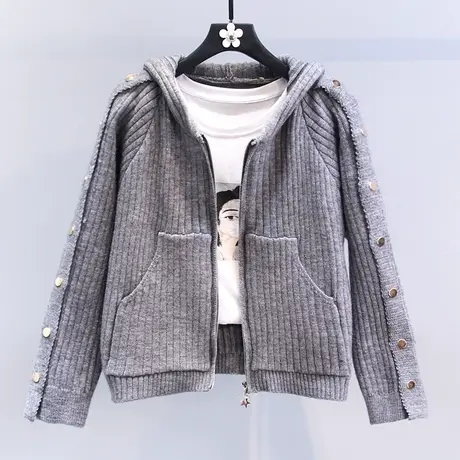 慵懒风灰色双拉链连帽毛衣外套女秋冬2023新款洋气设计感针织开衫商品大图