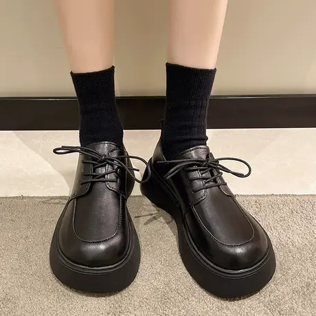 厚底小皮鞋女2024春秋季新款圆头系带松糕鞋内增高黑色玛丽珍单鞋商品大图