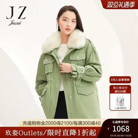 JZ玖姿官方奥莱冬新款狐狸毛领珍珠收腰女短款羽绒服外套商品大图