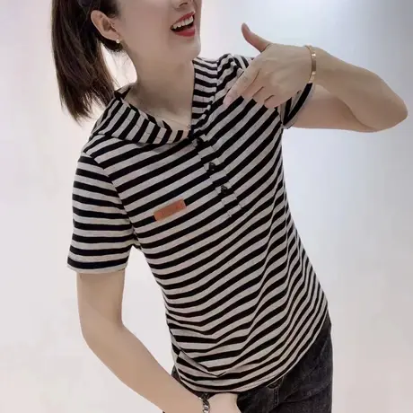 连帽短款条纹T恤衫2023夏季新款修身短袖t恤女ins小众设计感上衣商品大图