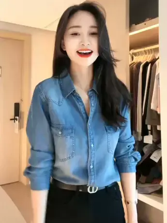 气质休闲宽松显瘦时尚牛仔衬衫外套女2023秋装长袖上衣叠穿衬衣潮商品大图