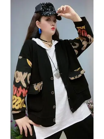 欧洲站秋冬新款V领开衫短外套女印花长袖卫衣宽松复古慵懒上衣潮商品大图