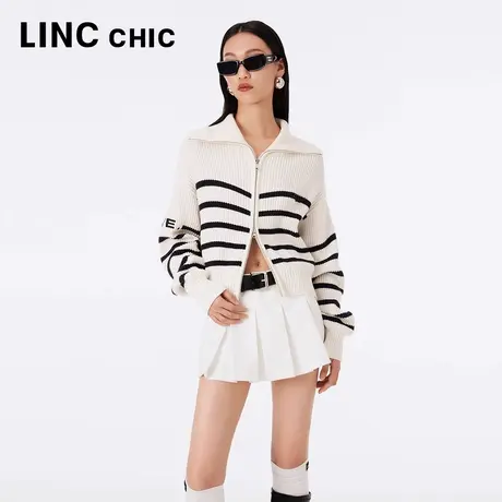 LINCCHIC金羽杰毛织开衫女2023年秋新款学院大翻领中长条纹针织衫商品大图