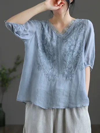 dza苎麻短袖女士衬衣2023夏季新薄款棉麻上衣气质宽松V领漂亮衬衫图片