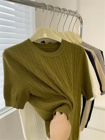 ins韩国灰麻花针织短袖女早秋新款气质百搭半袖T恤圆领毛衣打底衫商品大图