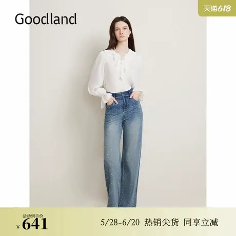 【醋酸系列】Goodland美地春季荷叶边系带衬衫白色上衣商品大图