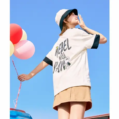 【史努比联名款】唐狮短袖T恤女2024新款爆款夏季撞色纯棉上衣sz商品大图