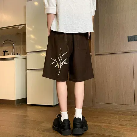 短裤男夏季2025新款大码宽松美式休闲裤港风潮牌竹子刺绣运动裤子图片