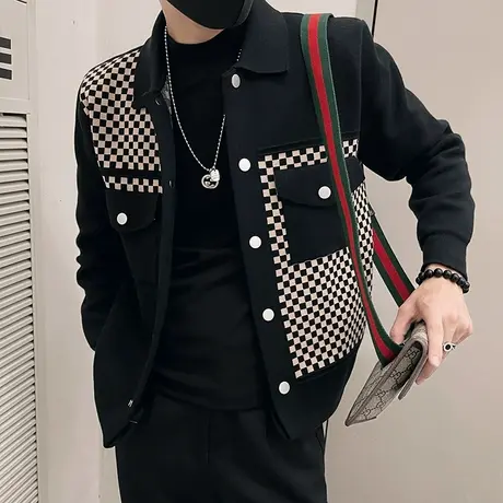 秋冬季针织衫毛衣外套男2023爆款棋盘格潮流休闲青年格子开衫夹克商品大图