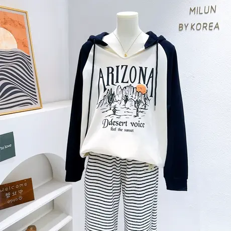 小众设计感油画风连帽V领薄款卫衣2023早秋韩代同宽松长袖上衣商品大图