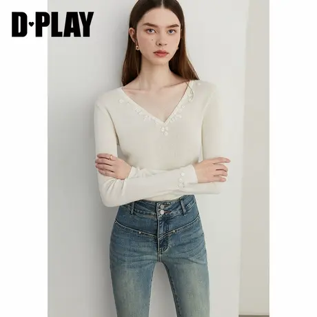 DPLAY年秋季休闲简约白色V领长袖针织衫羊毛混纺小衫上衣女图片