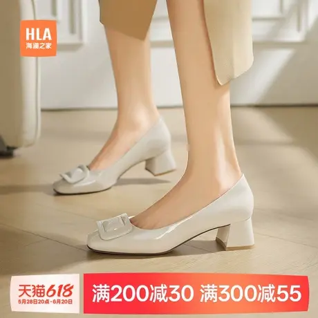 HLA/海澜之家2025新款法式方头浅口单鞋女粗跟中跟通勤百搭高跟鞋商品大图