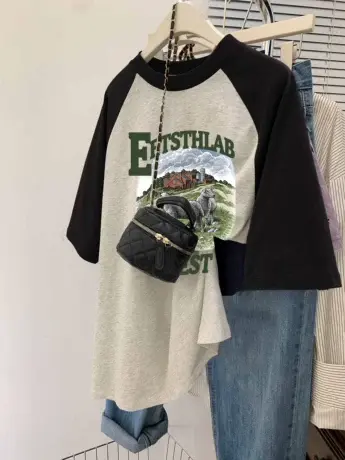 正肩女t恤插肩袖设计感小众宽松显瘦短袖胖mm大码女装上衣ins潮夏商品大图