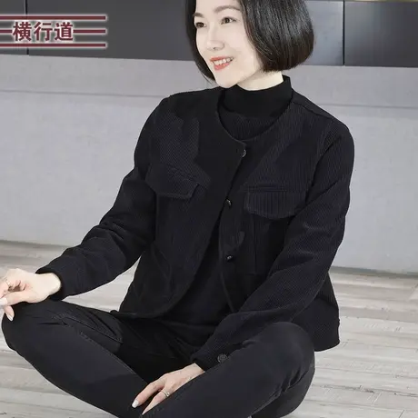 2023新款冬装圆领黑色灯芯绒加绒加厚中年妈妈长袖外套女宽松大码商品大图