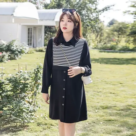 假两件拼接针织连衣裙设计感2023年秋装新款显瘦大码胖MM小黑裙短图片