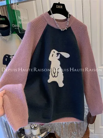 复古小兔子拼接撞色百搭软糯毛衣针织衫女上衣宽松休闲2022冬新款商品大图