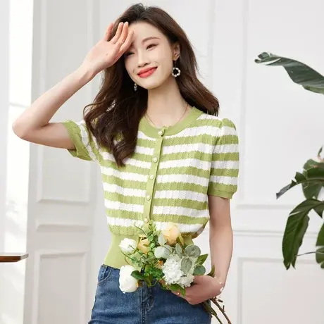 时尚气质条纹短袖针织衫2023年夏季新款淑女温柔显瘦通勤显瘦上衣商品大图