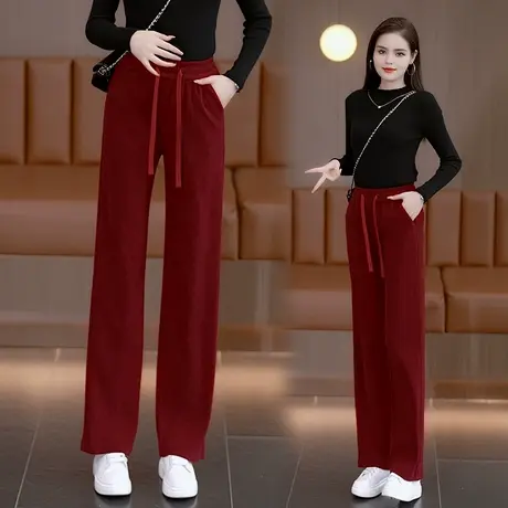 拉夏贝尔安可拉红裤子女春秋季2025新款松紧腰直筒裤窄版阔腿长裤图片