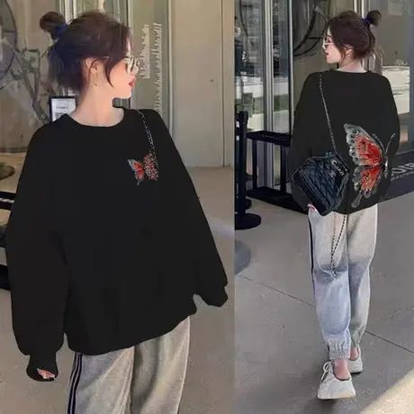 设计感蝴蝶圆领黑色卫衣女2025新款爆款秋季长袖大版宽松加绒上衣图片