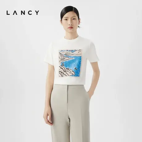 LANCY/朗姿2024夏季纯棉海景印花t恤百搭个性图案短袖休闲上衣女图片