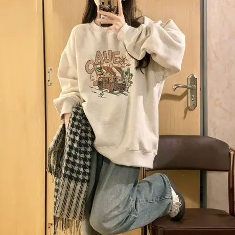 圆领卫衣女早秋白灰色2025新款爆款秋冬季慵懒风长袖加绒加厚上衣商品大图