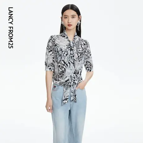 LANCY/朗姿女装商场同款短袖真丝带飘带职业衬衫女夏新款商品大图
