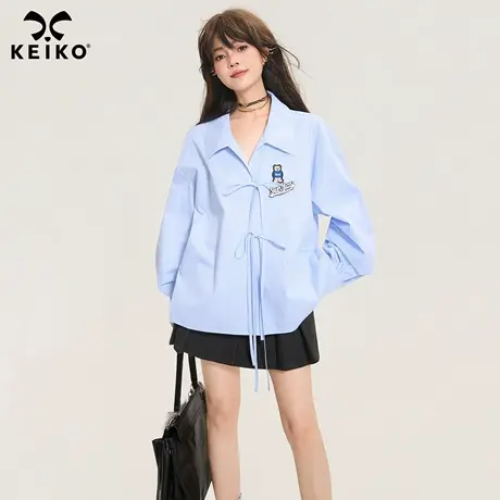 KEIKO 韩系蓝色条纹长袖衬衫女25秋季蝴蝶结系带宽松休闲chic上衣图片