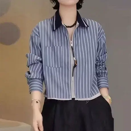 韩系洋气长袖翻领拉链撞色条纹衬衫女2025新款秋季薄款上衣外套女商品大图
