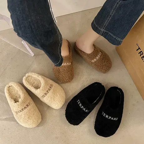 羊羔毛包头半拖鞋女外穿秋冬新款懒人居家休闲时尚保暖平底毛毛鞋商品大图