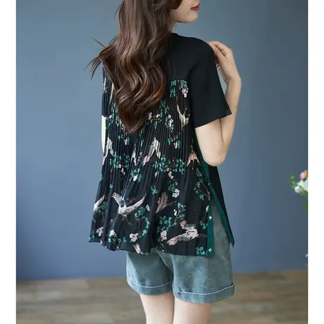 宝诗黎圆领百褶碎花拼接T恤女新款2023夏季短袖设计感宽松上衣潮商品大图