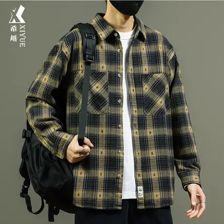 希越纯棉格子衬衫男士春秋季美式潮牌外套宽松大码青少年百搭衬衣商品大图