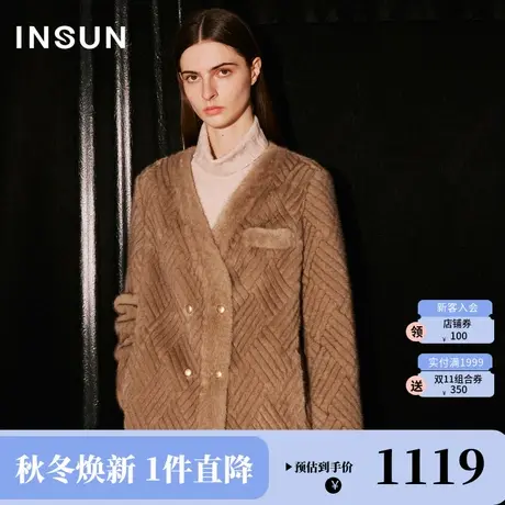 恩裳COVER2023冬装新款优雅菱形格压花工艺装饰环保貂毛绒外套女商品大图