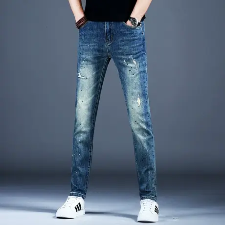 秋款新款美式复古牛仔裤男款高街泼墨小脚修身弹力水洗直筒裤子男商品大图