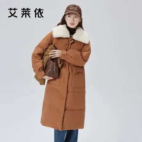 艾莱依仿羊羔毛领羽绒服女2023冬季新款爆款时尚牛角扣中长款外套商品大图