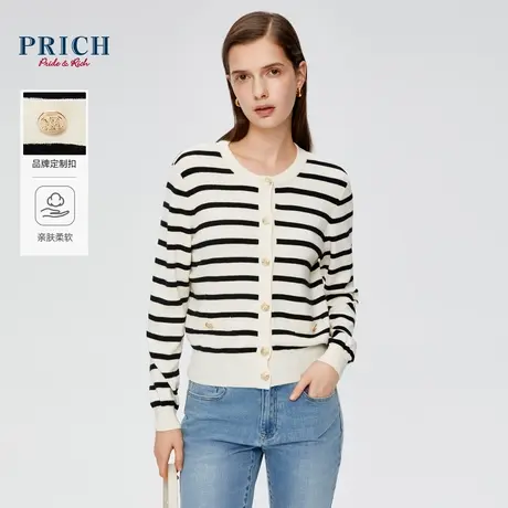 PRICH24春新款撞色条纹罗纹收边金属雕花纽扣圆领微宽松针织衫女商品大图