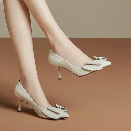 简约百搭高跟鞋女春季新款真皮尖头浅口细跟时尚优雅蝴蝶结单鞋图片