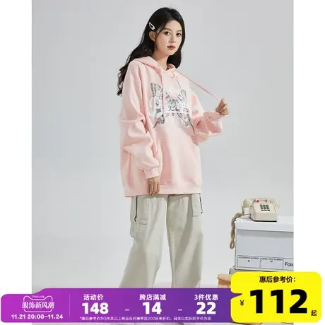 唐狮2024春新款女卫衣YEP联名植绒发泡工艺美式蝴蝶印花连帽上衣G图片