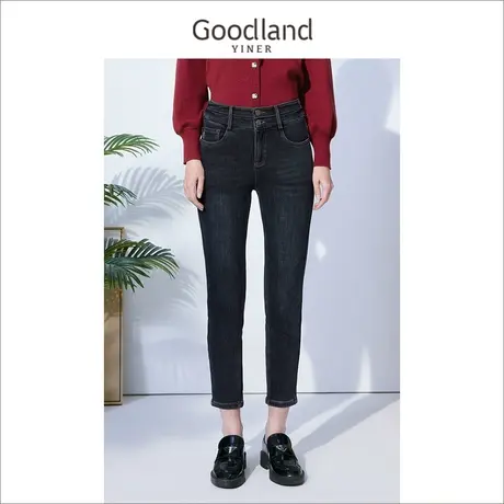*Goodland美地女装冬季双节腰头火山岩蓄热小脚铅笔牛仔裤商品大图