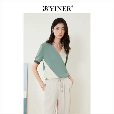 YINER音儿女装2022夏季新款设计感v领拼接上衣女毛针织衫图片