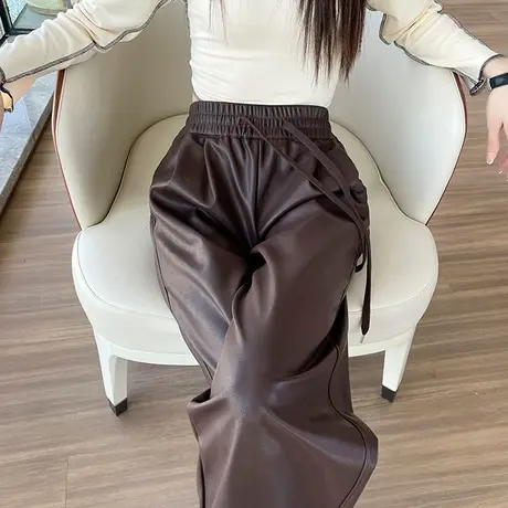 咖色pu皮西装阔腿裤女冬季新款高腰显瘦垂感直筒宽松休闲加绒皮裤商品大图