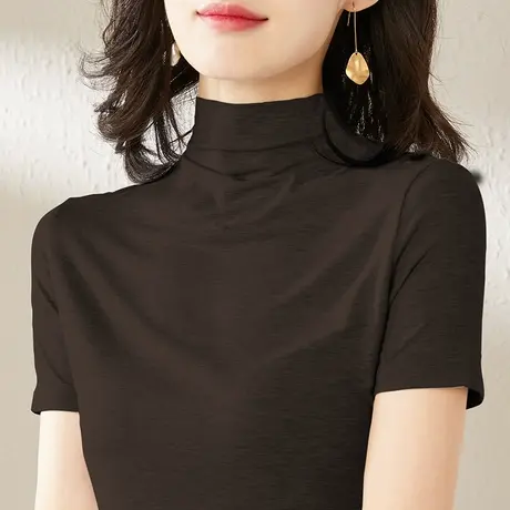 【两件89】雀后半高领短袖t恤女莫代尔打底衫百搭半袖立领黑上衣商品大图