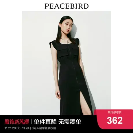 太平鸟 2024春季新款工装风连衣裙拉链无袖高开叉收腰长裙女图片