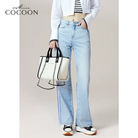COCOON商场同款时尚直筒裤2023夏新款女通勤简约撞色高腰牛仔裤图片