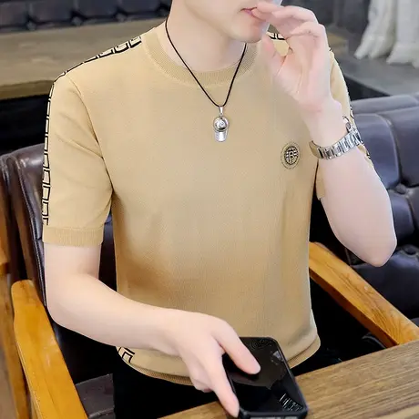 冰丝短袖t恤夏季设计感提花字母针织冰麻凉感上衣男潮流高端体恤商品大图