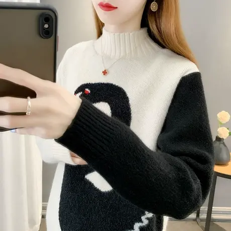 2023春装新款韩版宽松天鹅半高领长袖针织衫女士百搭打底毛衣外套商品大图