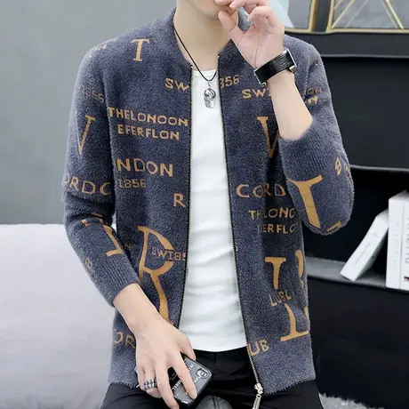 秋冬季针织夹克男士外套韩版潮流仿水貂绒毛衣开衫学生加厚棒球服商品大图