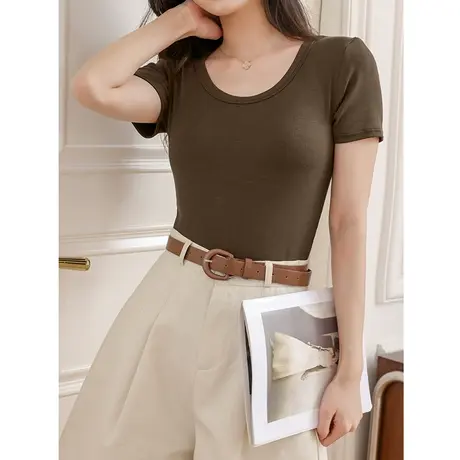 真维斯LIFE针织短袖t恤女正肩夏2023新款咖色甜辣女装紧身上衣女V图片